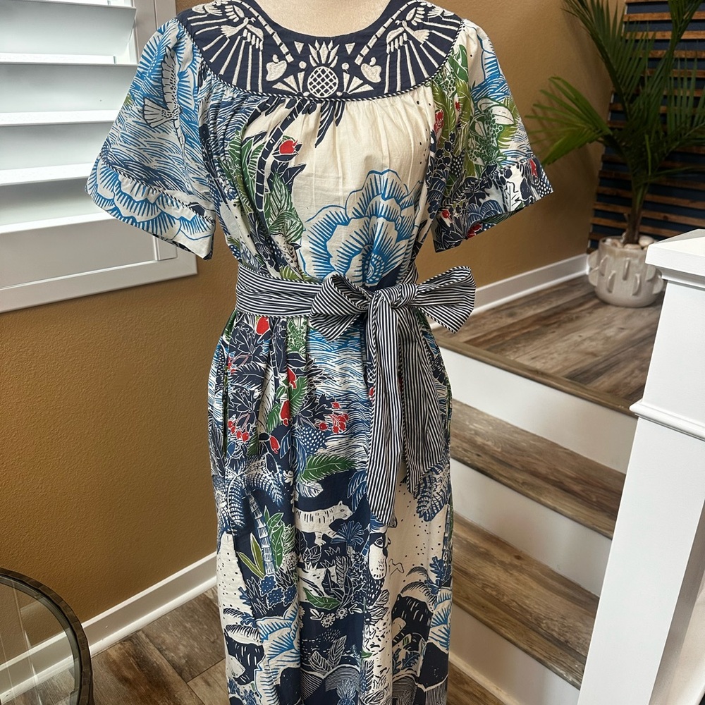 FARM Rio Blue and Gray Embellished Tie Front Midi Sundress